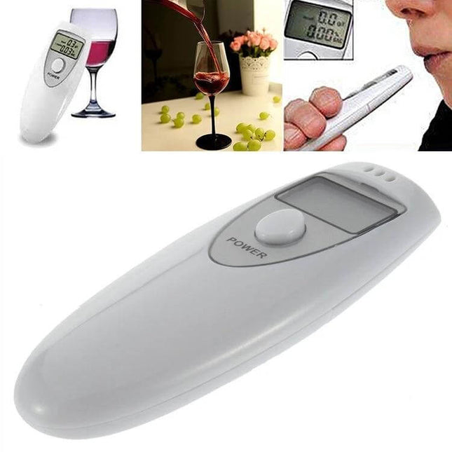 Compact Digital Breath Alcohol Tester with Audible Alert for Safety handheld BAC meter showing device, wine and user blowing into tester