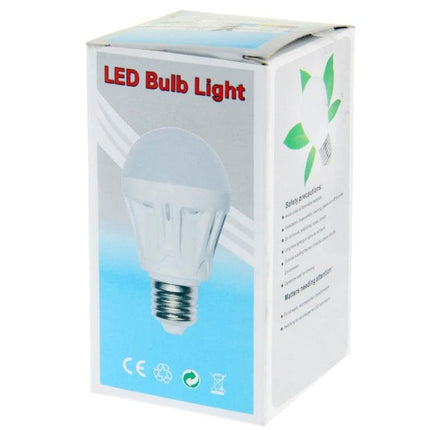 Practical White LED Bulb for Daily Household Lighting in retail packaging showing bulb and specifications