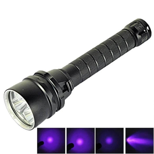 Purple UV Light Waterproof Flashlight For Outdoors showing rugged handheld UV torch and beam for camping, inspection, and diving use
