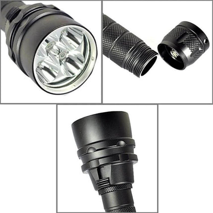 Purple UV Light Waterproof Flashlight For Outdoors showing close-up of triple-LED head, knurled body, and removable tail cap