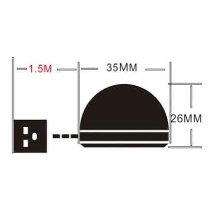 Essential USB light for daily home and travel use displaying 35mm x 26mm lamp dome and 1.5M USB cable diagram