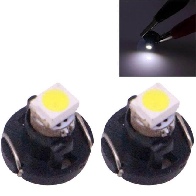 T3 White LED Instrument Dash Light Bulbs 2-Pack for Vehicles bright white dash bulbs close-up showing two bulbs and illuminated sample