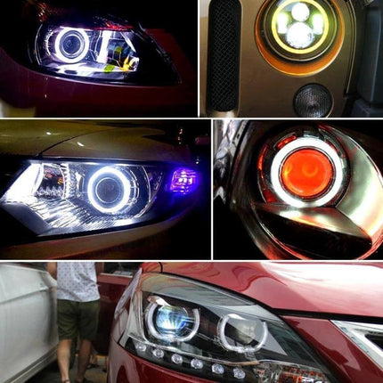 70mm White Angel Eyes LED Headlight Ring for Vehicles showing bright white halo on multiple car headlights