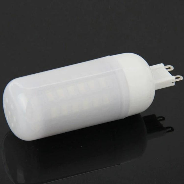 Warm White LED Corn Bulb for Home and Office Lighting shown on black reflective surface, G9 base, warm diffusion