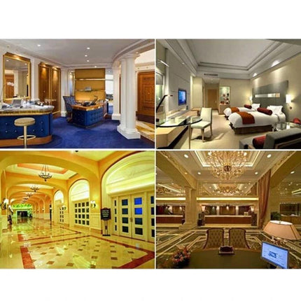 Warm White LED Corn Bulb for Home and Office Lighting illuminating warm hotel lobby, bedroom and reception spaces
