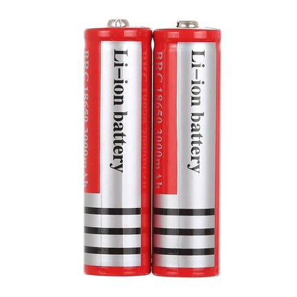 UltraFire 18650 3000mAh Rechargeable Lithium Battery for Devices - two red Li-ion 18650 cells shown upright powering flashlights and emergency lights