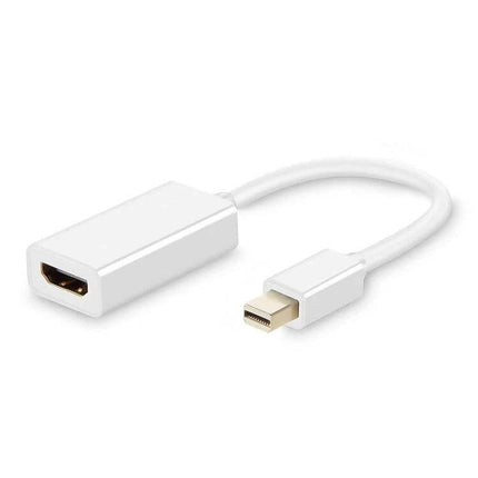 Mini DisplayPort to HDMI Adapter Cable for Monitor Connections white adapter showing Mini DisplayPort plug and HDMI jack for MacBook display extension