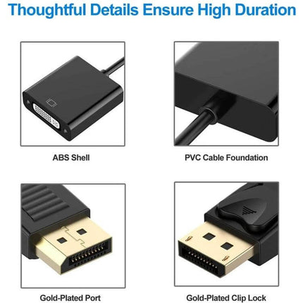 DisplayPort Male to DVI Female Adapter Cable, 12cm Length - black adapter with ABS shell, PVC cable, gold-plated port and clip lock