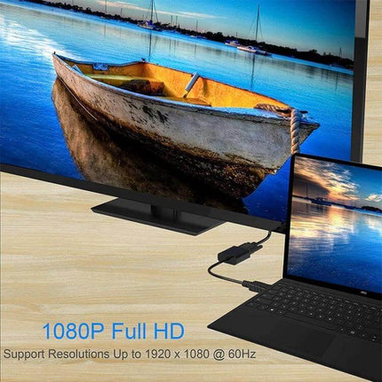 DisplayPort Male to DVI Female Adapter Cable, 12cm Length connecting laptop DisplayPort to DVI monitor showing 1080P Full HD output