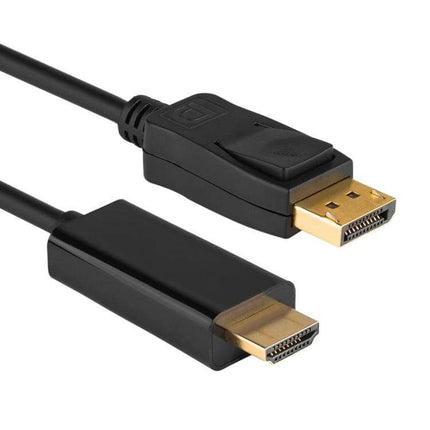 DisplayPort to HDMI Male Cable, Black, 1.8 Meters Long connecting DisplayPort source to HDMI display with gold-plated connectors