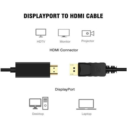 DisplayPort to HDMI Male Cable, Black, 1.8 Meters Long - black cable showing DisplayPort and HDMI connectors for desktop, laptop, HDTV, monitor, projector