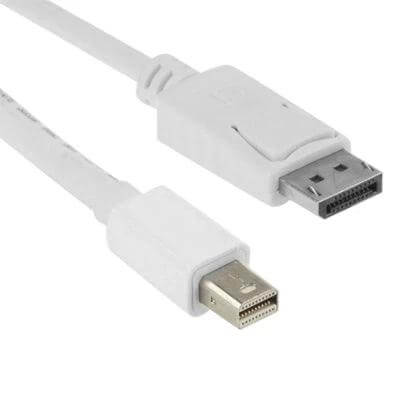 Display Port to Mini Display Port Cable, 1.8 Meters Long - white cable showing DisplayPort and Mini DisplayPort connectors for laptop to monitor connections