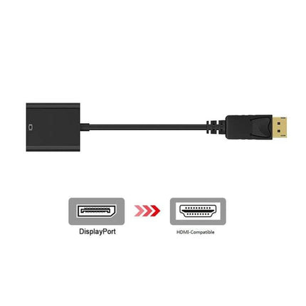 Compact DisplayPort to HDMI Adapter Cable for Device Connections - compact black cable showing DisplayPort to HDMI conversion for laptop to TV/projector