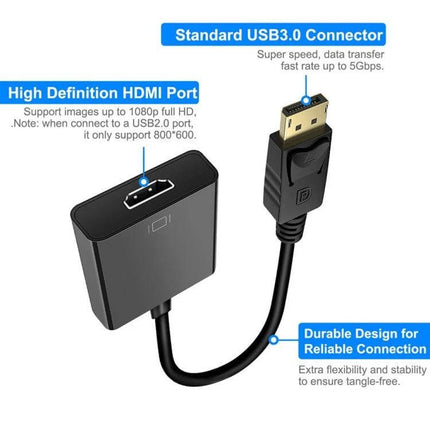 Compact DisplayPort to HDMI Adapter Cable for Device Connections showing DisplayPort plug, HDMI port, compact design for presentations and home streaming