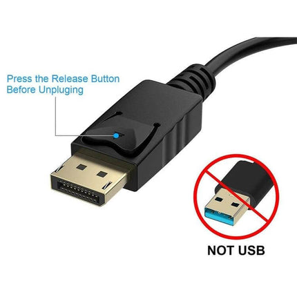 DisplayPort to DVI Female Adapter Cable, 20cm Length showing DisplayPort plug with release button and NOT USB warning