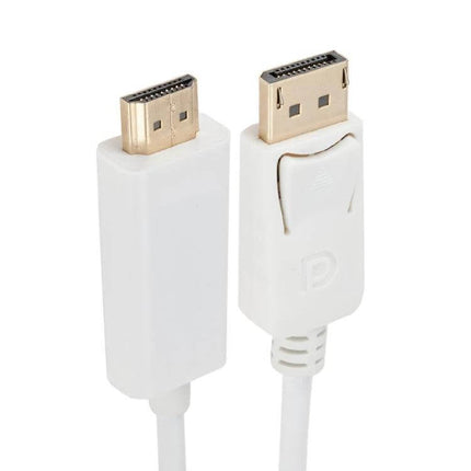 DisplayPort to HDMI Male Adapter Cable, 1.8 Meters Long - white cable showing gold-plated DisplayPort and HDMI male connectors for TV, monitor, projector