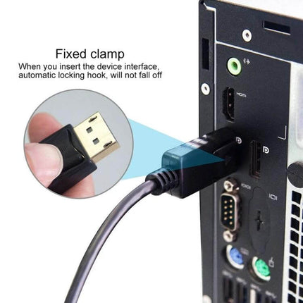 DisplayPort to HDMI Male Adapter Cable, 1.8 Meters Long connected from PC DisplayPort to HDMI monitor showing fixed clamp and secure fit