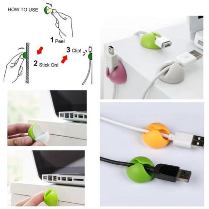 Keep Your Home Desk Cables Organized With These Clips - colorful adhesive cable clips holding USB and charging cords on desk edge