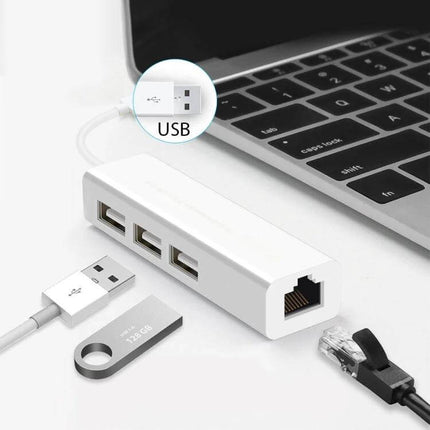 Compact USB Ethernet Network Adapter with Built-in 3-Port USB Hub connected to laptop showing RJ45 port, three USB ports and USB flash drive