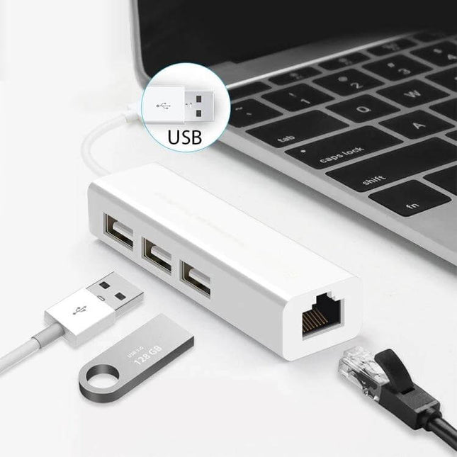 Compact USB Ethernet Network Adapter with Built-in 3-Port USB Hub connected to laptop showing RJ45 port, three USB ports and USB flash drive