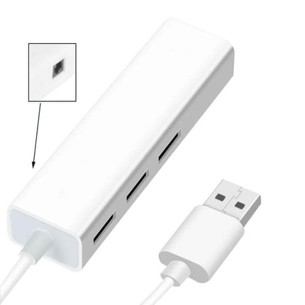 Compact USB Ethernet Network Adapter with Built-in 3-Port USB Hub showing white USB plug, three USB ports and RJ45 Ethernet jack