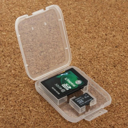 Transparent Plastic Storage Box for SD and Micro SD Cards, 100 Pack - clear case holding one SD card and one micro SD card to protect from dust and scratches