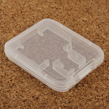 Transparent Plastic Storage Box for SD and Micro SD Cards, 100 Pack - clear single SD and Micro SD card case on cork background