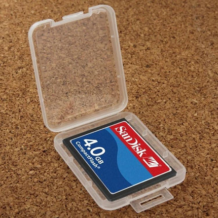100 Pack Transparent Plastic Storage Boxes for CF Cards - clear single CF card case showing SanDisk 4.0GB card