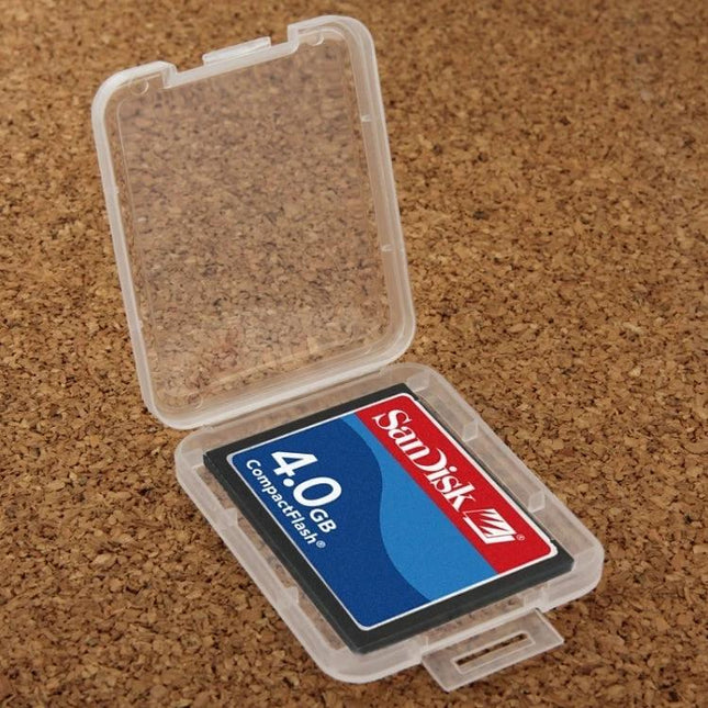 100 Pack Transparent Plastic Storage Boxes for CF Cards - clear single CF card case showing SanDisk 4.0GB card