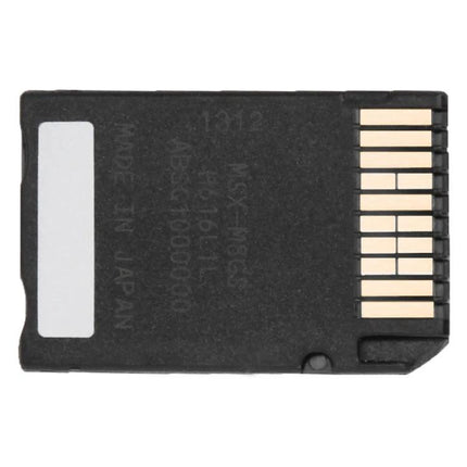 8GB Memory Stick Pro Duo Card for Storing Digital Files shown from back with gold contacts, ideal for photographers and gamers