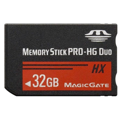 32GB Memory Stick Pro Duo HX for PlayStation Portable - black MagicGate card showing 32GB capacity and HX label