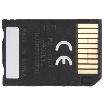 32GB Memory Stick Pro Duo HX for PlayStation Portable - black PSP memory card showing gold contacts, CE mark, 32GB storage, up to 50MB/s