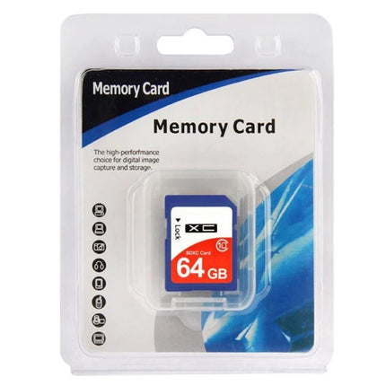 64GB SDHC Memory Card for Cameras and Portable Devices in retail blister pack showing card and labeling