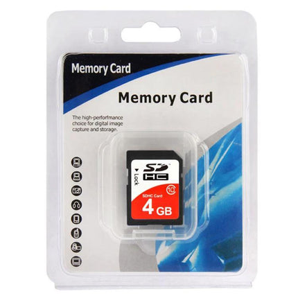 High Speed 4GB Class 10 SDHC Memory Card for Cameras and Devices packaged retail blister with 4GB card visible