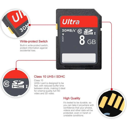 8GB Class 10 SDHC Memory Card for Storing Photos in Cameras - black Ultra 8GB card showing write-protect switch, Class 10 logo and gold contacts