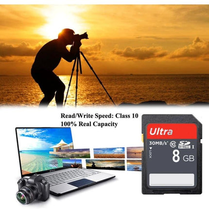 8GB Class 10 SDHC Memory Card for Storing Photos in Cameras - photographer using camera with laptop and SD card for high-res photo storage