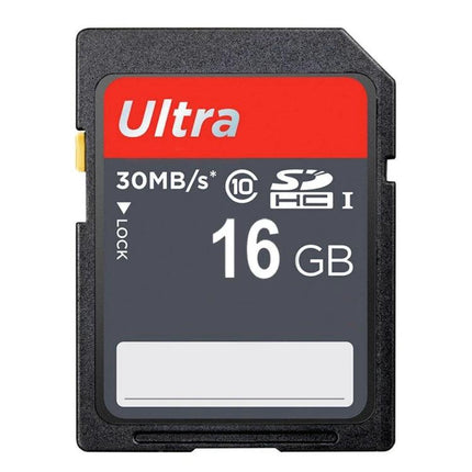 16GB SDHC Memory Card for Digital Cameras and Devices – black SDHC card labeled 16GB, 30MB/s, Class 10 for cameras and portable devices