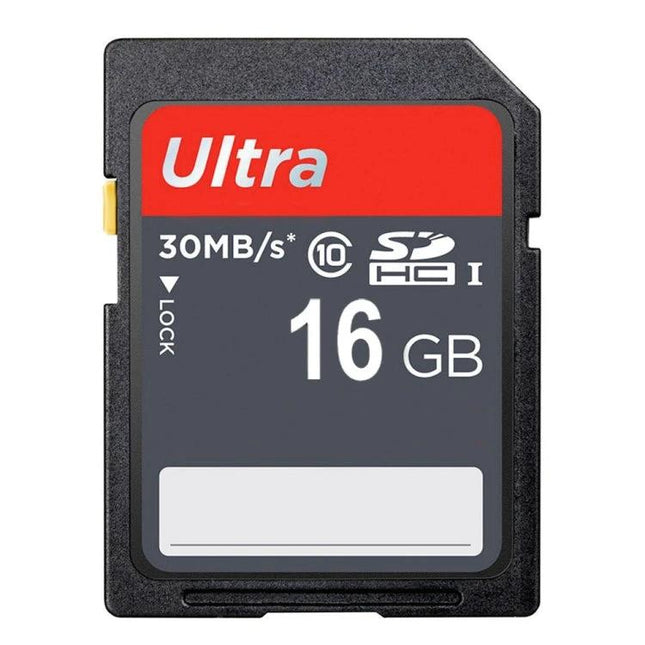 16GB SDHC Memory Card for Digital Cameras and Devices – black SDHC card labeled 16GB, 30MB/s, Class 10 for cameras and portable devices