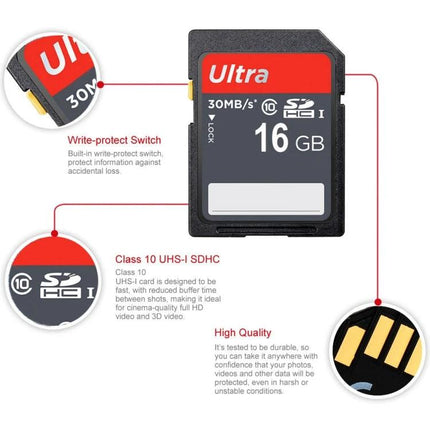 16GB SDHC Memory Card for Digital Cameras and Devices - Class 10 Ultra card with 30MB/s, write-protect switch and durable design