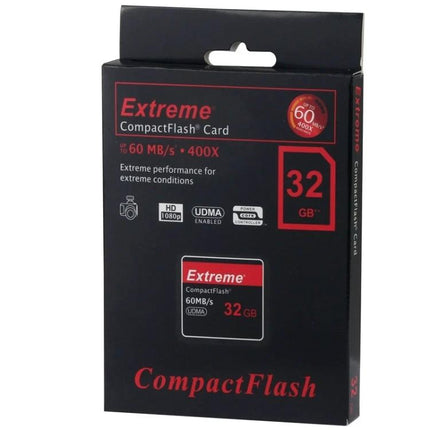 32GB Compact Flash Card for Storing Digital Photos - black Extreme CompactFlash retail box showing 32GB, 60MB/s read speed