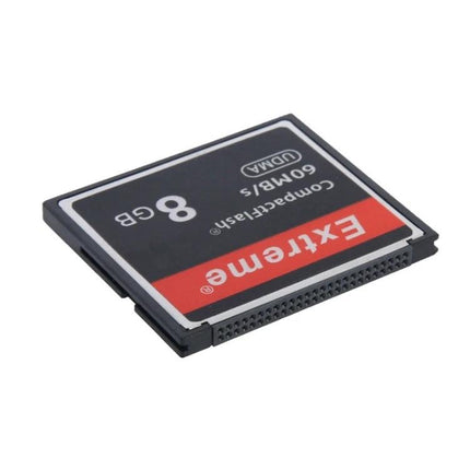 8GB Extreme Compact Flash Card for Digital Cameras shown from angled view highlighting label and connector, 60 MB/s read speed