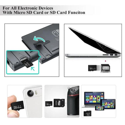 128GB Class 10 Micro SD Card for Photo and Video Storage shown inserted in smartphone, camera, laptop and tablet for expanded memory