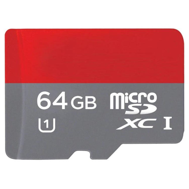 64GB Micro SD Card for Storing Music, Photos, and Videos — red and gray microSDXC card showing 64GB capacity and U1 speed for cameras and smartphones