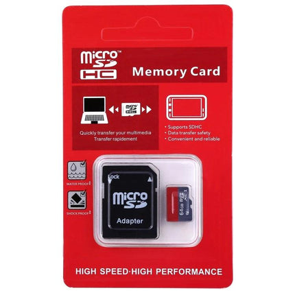 64GB Micro SD Card for Storing Music, Photos, and Videos - red retail package showing microSD card and adapter
