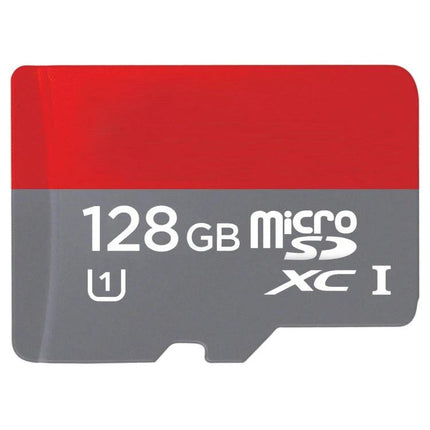 128GB Micro SD Card for Storing Photos, Music, and Videos - red and gray microSD card showing 128GB capacity and U1 XC I ratings