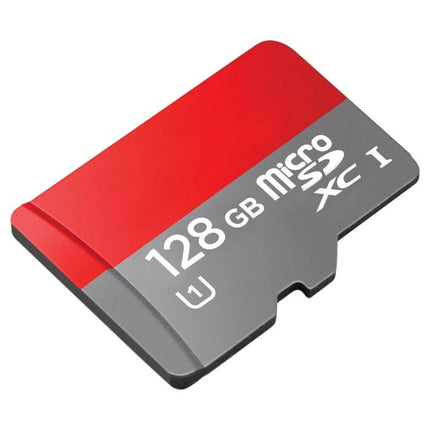 128GB Micro SD Card for Storing Photos, Music, and Videos - red and gray microSD card angled view