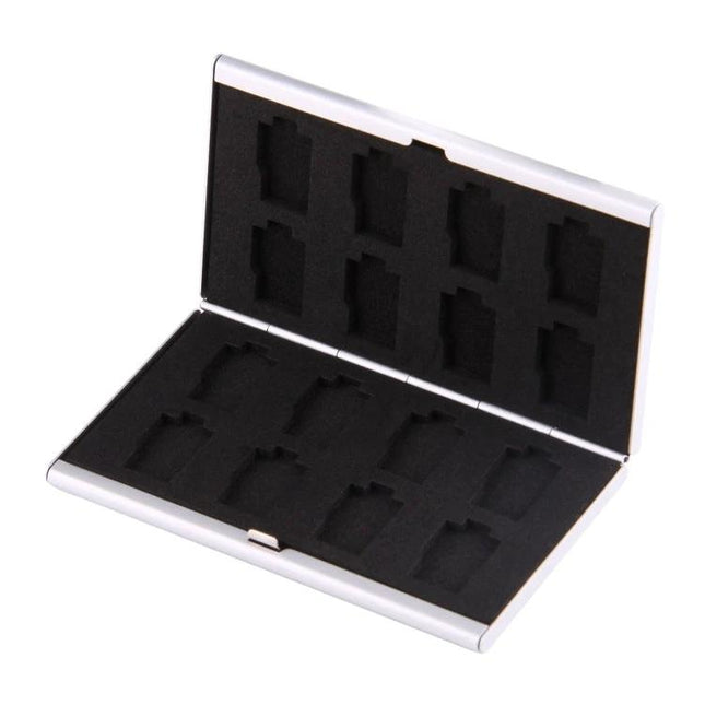 Compact Protective Case for 16 TF Memory Cards, Easy to Carry - slim aluminum card holder with foam slots to secure 16 TF cards for travel and outdoor shoots
