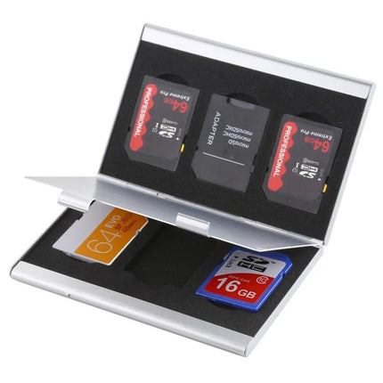 Memory Card Protective Storage Case for Six SD Cards — silver anti-static EVA case holding six SD/SDHC cards and adapter