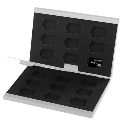 Silver Aluminum Protective Case for Storing TF Memory Cards open showing foam slots for multiple TF/micro SD cards