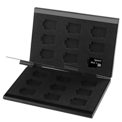 Silver Aluminum Protective Case for Storing TF Memory Cards open showing foam slots for multiple micro SD cards and one card inserted